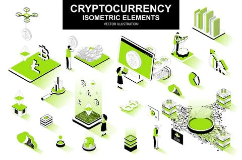 Cryptocurrency bundle of isometric elements. Bitcoin, litecoin and ethereum Stock Illustration