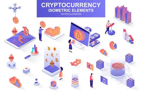 Cryptocurrency bundle of isometric elements. Illustrazione stock