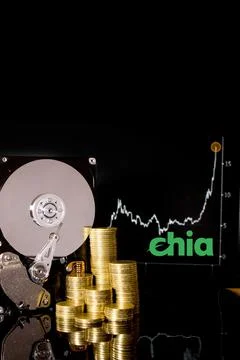 Cryptocurrency Chia and hard disk server for mining . New Crypto currency Chi Stock Photos