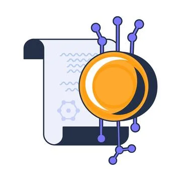 Cryptocurrency coin and digital contract icon for blockchain technology, smart Stock Illustration