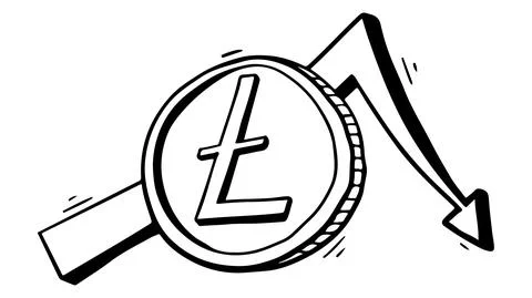 Cryptocurrency coin Litecoin with arrow chart falling in doodle style isolate Illustrazione stock