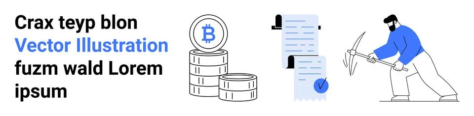 Cryptocurrency coin stack, financial documents with checkmark, miner with pic Illustrazione stock