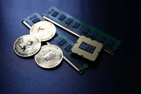 Cryptocurrency coins with computer hardware and memory module 库存照片