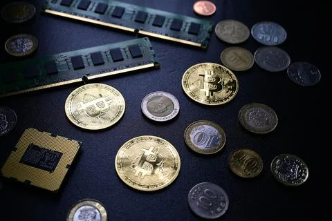 Cryptocurrency coins with computer memory and processor technology concept 스톡 사진