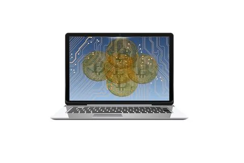 Cryptocurrency coins on computer screen on white Foto stock