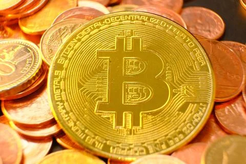 Cryptocurrency coins on table and digital currency money concept crypto mar.. Stock Photos