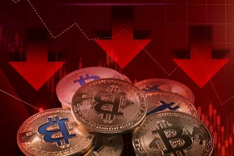 Cryptocurrency collapse. Collage with bitcoins and data charts Fotos de archivo