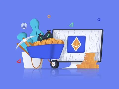 Cryptocurrency concept 3D illustration. Icon composition with computer screen Stock Illustration