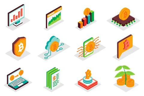Cryptocurrency concept 3d isometric icons set. Pack isometry elements of bitcoin イラスト素材
