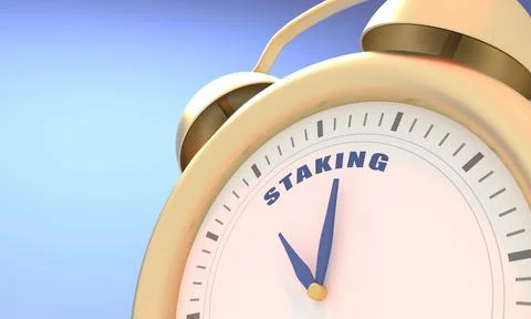 Cryptocurrency concept. Alarm clock with staking text. 3D render Stock Illustration