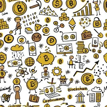 Cryptocurrency concept art, bitcoin mining technology. Seamless pattern Stock Illustration