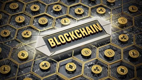 Cryptocurrency concept with Blockchain text. 3D illustration Illustrazione stock