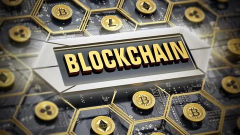 Cryptocurrency concept with Blockchain text. 3D illustration 스톡 일러스트