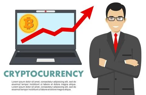Cryptocurrency concept. Businessman with computer. Up graph with bitcoin sign Stock Illustration