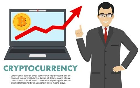 Cryptocurrency concept. Businessman with computer. Up graph with bitcoin sign Stock Illustration