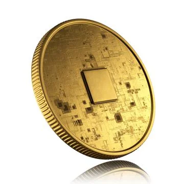 Cryptocurrency concept. Coin with microcircuits. 3d render. Ilustração Stock