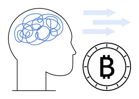 Cryptocurrency Concept Human Mind, Bitcoin Symbol, and Arrow Flow Stock Illustration