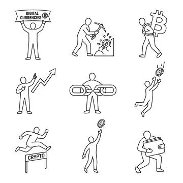 Cryptocurrency concept illustration set, digital currencies, bitcoin, block.. Stock Illustration