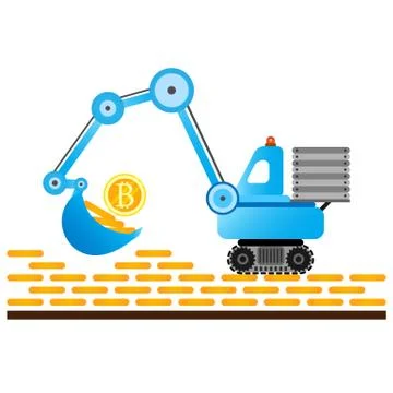 Cryptocurrency concept. Process of coins extraction. Blue excavator with coins Stock Illustration