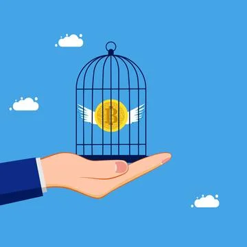 Cryptocurrency control. Confine or lock digital coins in a birdcage. concept  Stock Illustration