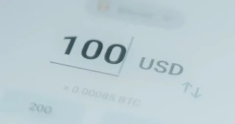 Cryptocurrency conversion interface, equivalent of 100 USD in BTC Stock Footage 314879816