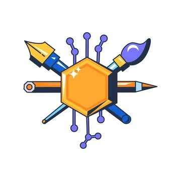 Cryptocurrency creativity icon with digital coin, coins, pencil, and design Stock Illustration