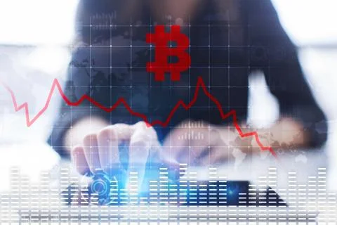 Cryptocurrency crisis on virtual screen. Bitcoin and Ethereum falls. Stock-Fotos