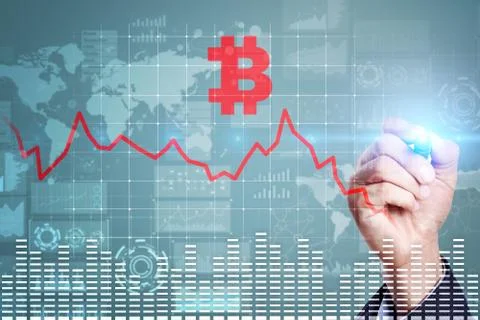 Cryptocurrency crisis on virtual screen. Bitcoin and Ethereum falls. Stock Photos