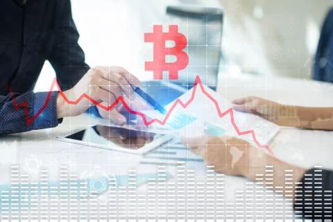 Cryptocurrency crisis on virtual screen. Bitcoin and Ethereum falls. 库存照片
