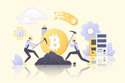 Cryptocurrency, data mining system, tiny people work with software on servers イラスト素材