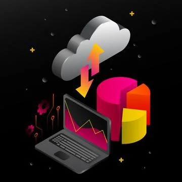 Cryptocurrency Data Storage. Cloud Computing with Laptop and Chart Illustration Stock Illustration