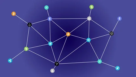 Cryptocurrency decentralized blockchain financial digital exchange network Stock-Footage 90051168