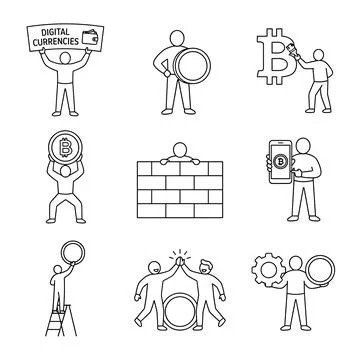 Cryptocurrency digital currency icons set, bitcoin, blockchain, finance, st.. Ilustración de archivo
