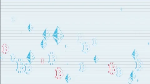 Cryptocurrency is drawn by hand on a notebook sheet. school background with Video stock 197549825