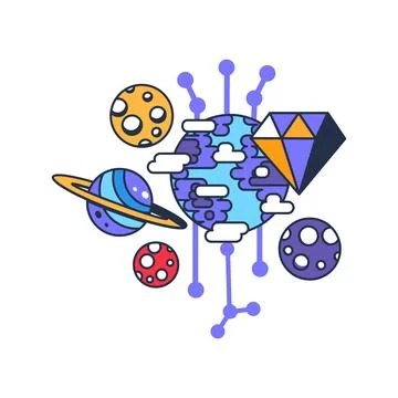 Cryptocurrency ecosystem icon with digital planets, blockchain network, and 스톡 일러스트