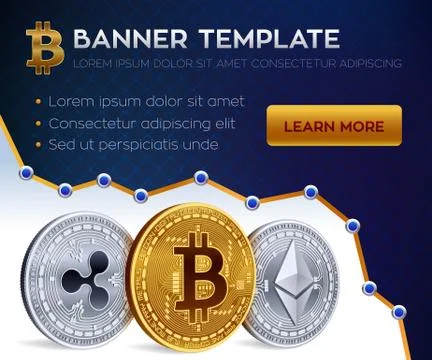 Cryptocurrency editable banner template. Bitcoin, Ethereum, Ripple. 3D isomet Stock Illustration