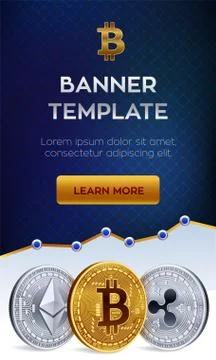 Cryptocurrency editable banner template. Bitcoin, Ethereum, Ripple. 3D isomet Illustrazione stock