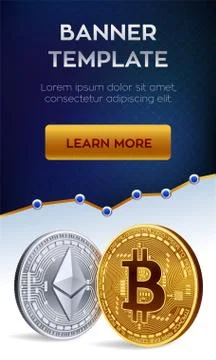 Cryptocurrency editable banner template. Bitcoin. Ethereum. 3D isometric Phys Stock Illustration