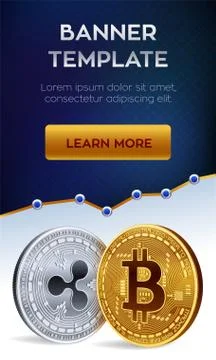 Cryptocurrency editable banner template. Bitcoin. Ripple. 3D isometric Physic Stock Illustration