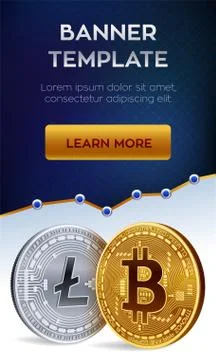 Cryptocurrency editable banner template. Bitcoin. Litecoin. 3D isometric Phys Stock Illustration