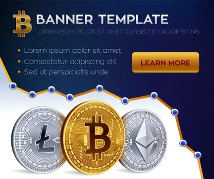 Cryptocurrency editable banner template. Bitcoin, Ethereum, Litecoin. 3D isom Illustrazione stock