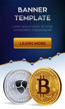 Cryptocurrency editable banner template. Bitcoin. Nem. 3D isometric Physical  Stock Illustration