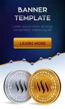 Cryptocurrency editable banner template. Steem. 3D isometric Physical bit coi Stock Illustration