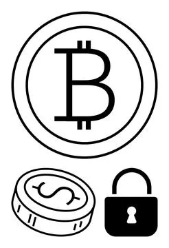 Cryptocurrency elements including Bitcoin symbol, dollar coin, and padlock .. Illustrazione stock