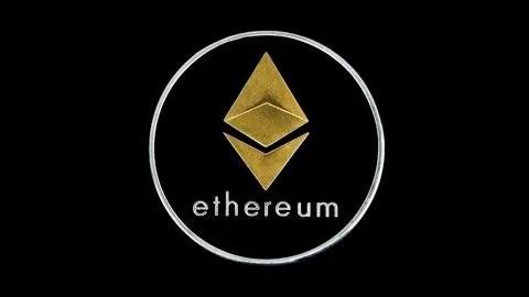Cryptocurrency Ether on black background. ETH digital coin. Digital currency. Foto stock