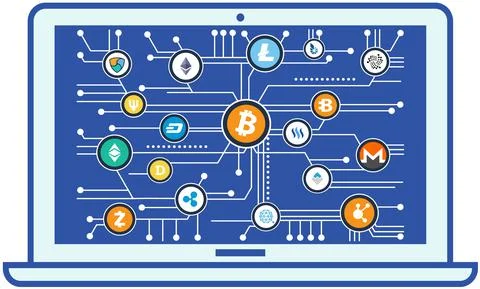 Cryptocurrency exchange and mining program for computer. Stock market trading Stock Illustration