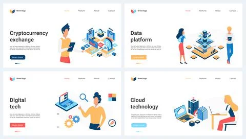Cryptocurrency exchange, digital technology, data storage service set and tiny Stock Illustration