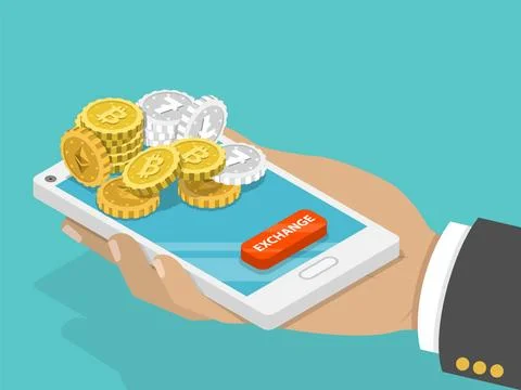 Cryptocurrency exchange flat isometric concept. Hand is holding a smartpho... Foto stock