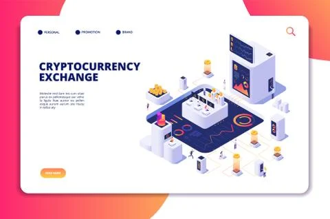 Cryptocurrency exchange isometric concept. Blockchain exchange, crypto trade Ilustração Stock