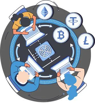 Cryptocurrency exchange platform and blockchain. Bitcoin mining, exchange Stock Illustration